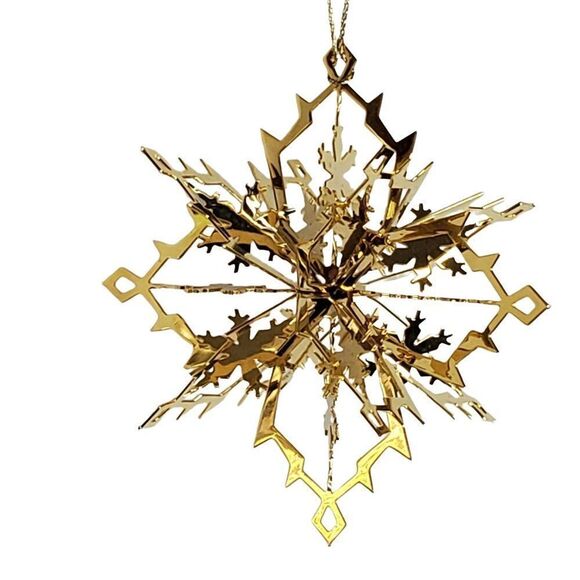 Brass 3D Snowflake Christmas Ornament 3" Goldtone Metal - Picture 2 of 3